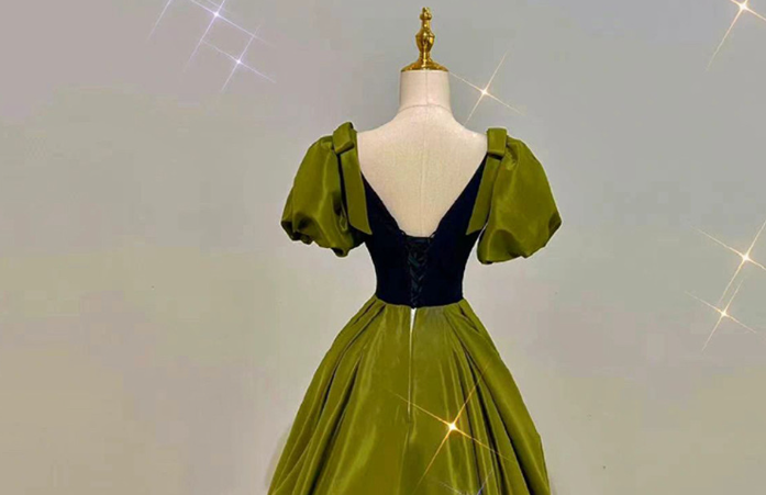Vestido de fiesta sexy de satén verde con escote en V y mangas abullonadas para cumpleaños, Y7600