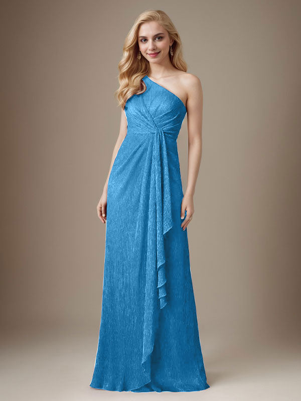 Vestido de madre de la novia con un solo hombro de malla metálica y corte rubí