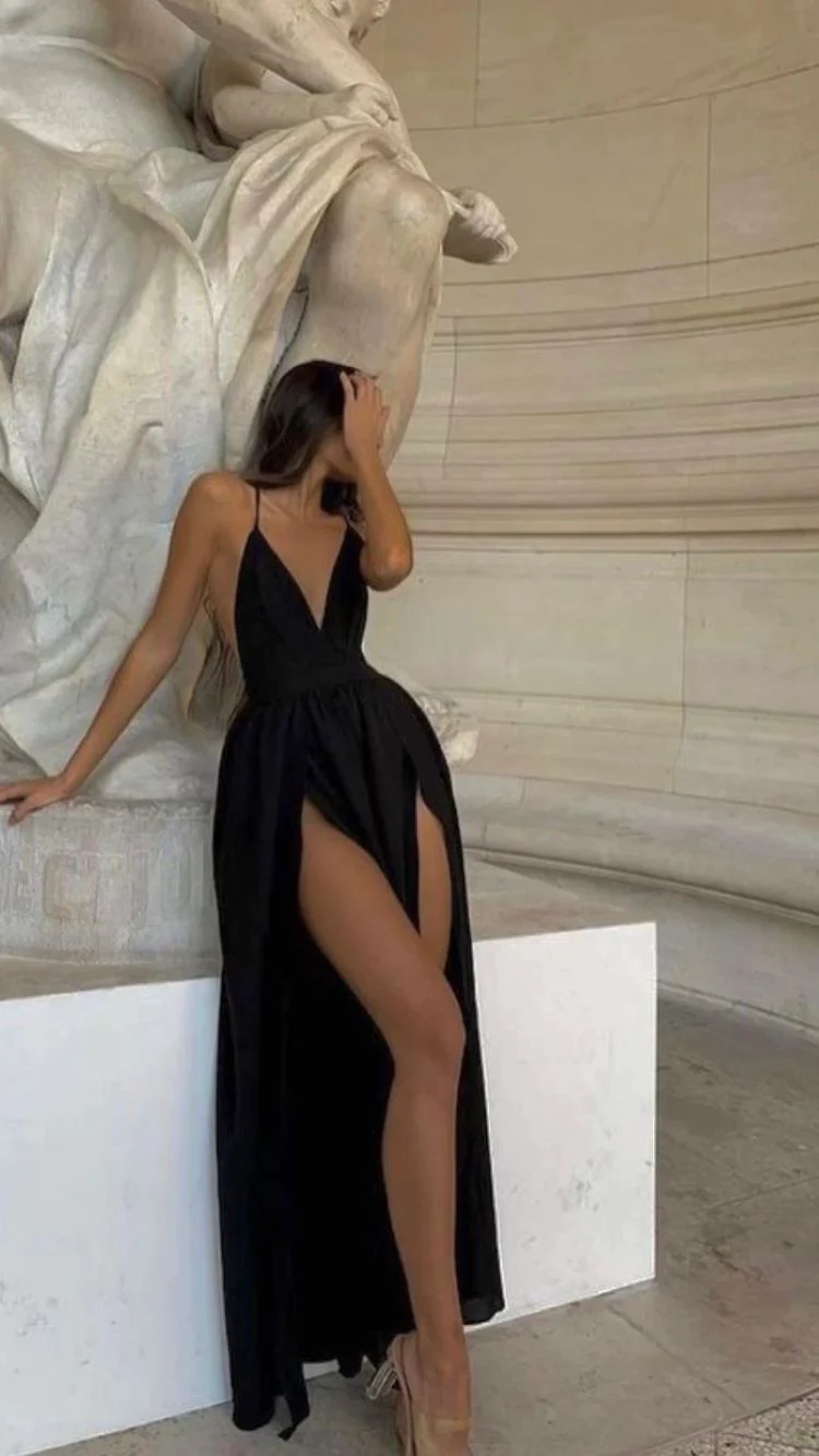 Spaghettiträger Schwarzes Ballkleid V-Ausschnitt Sexy Abendkleid High Split Partykleid Y1668