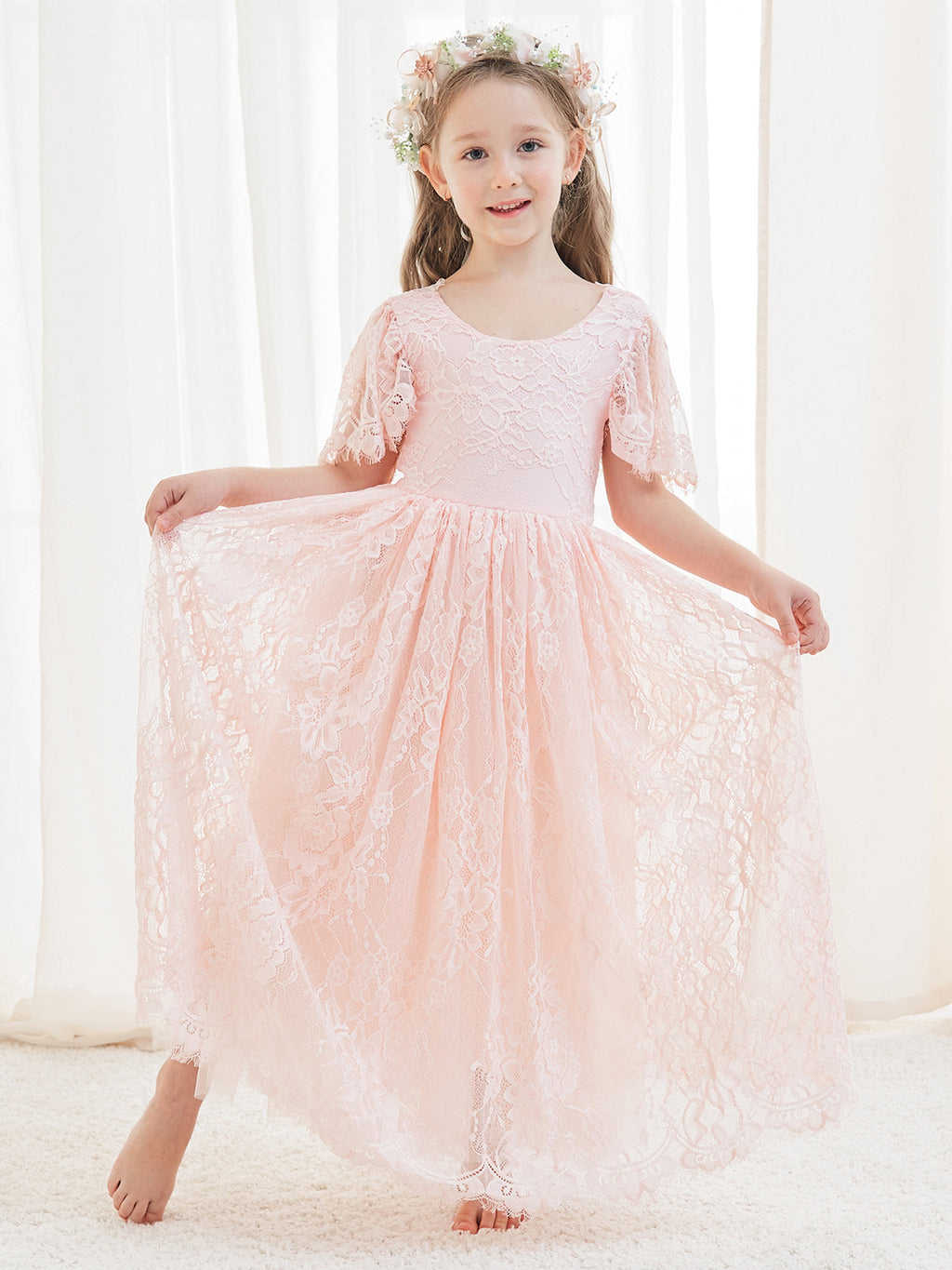 A-Linien-Spitze Knöchellanges Elfenbein Boho Blumenmädchenkleid 