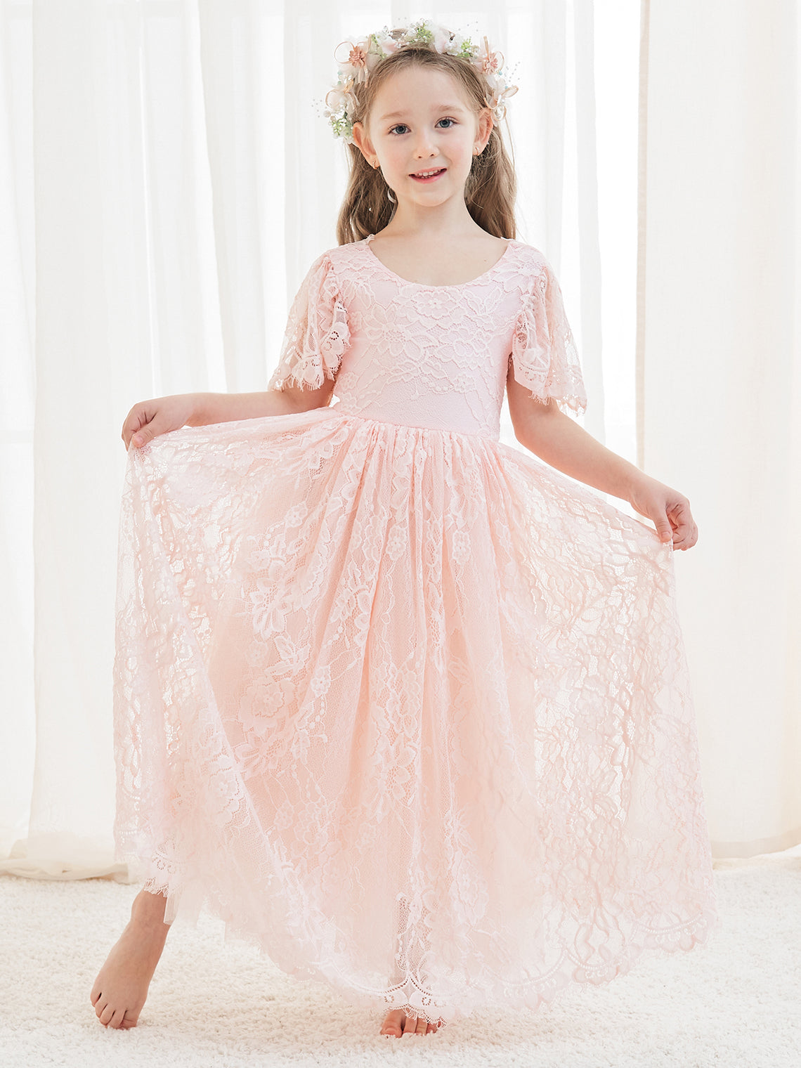 A-Linien-Spitze Knöchellanges Elfenbein Boho Blumenmädchenkleid 