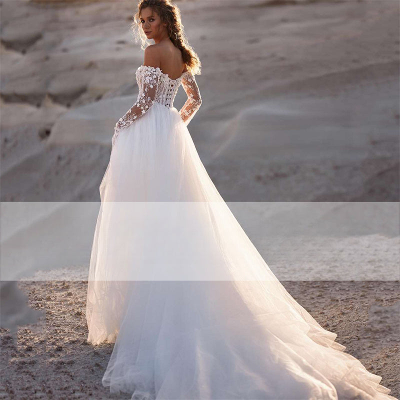 Elegant A-Line Wedding Dress 2023 Women Lace Open Back Strapless Long Detachable Sleeve Bridal Gown Sweep Train Vestido De Noiva-payinti