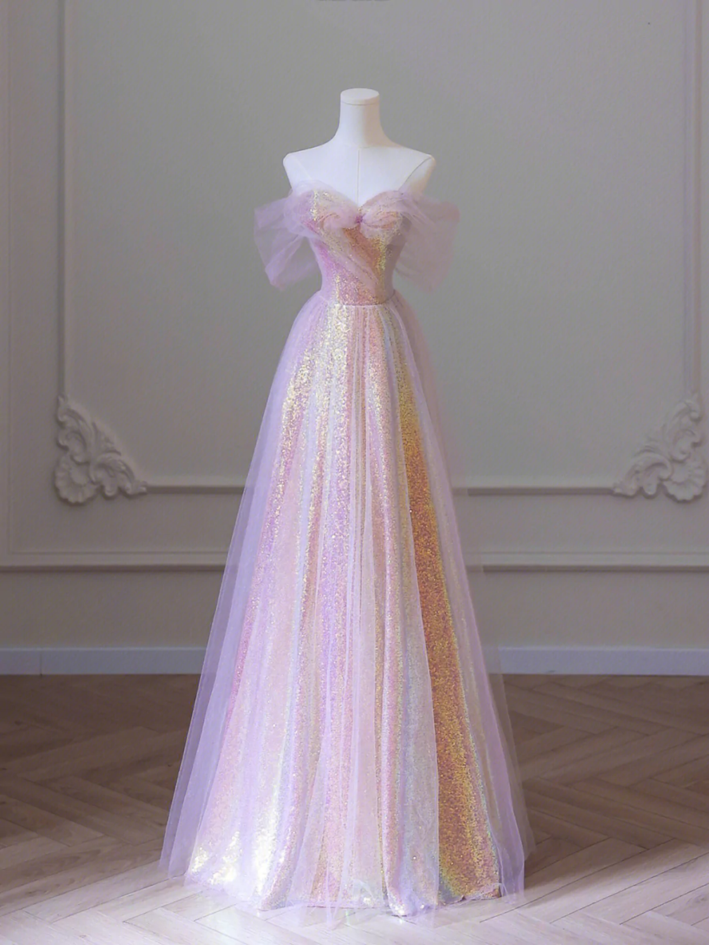 Vestido de fiesta largo de tul brillante con lentejuelas, corte A, hombros descubiertos, Y1416
