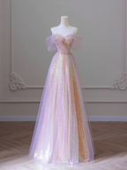 Vestido de fiesta largo de tul brillante con lentejuelas, corte A, hombros descubiertos, Y1416