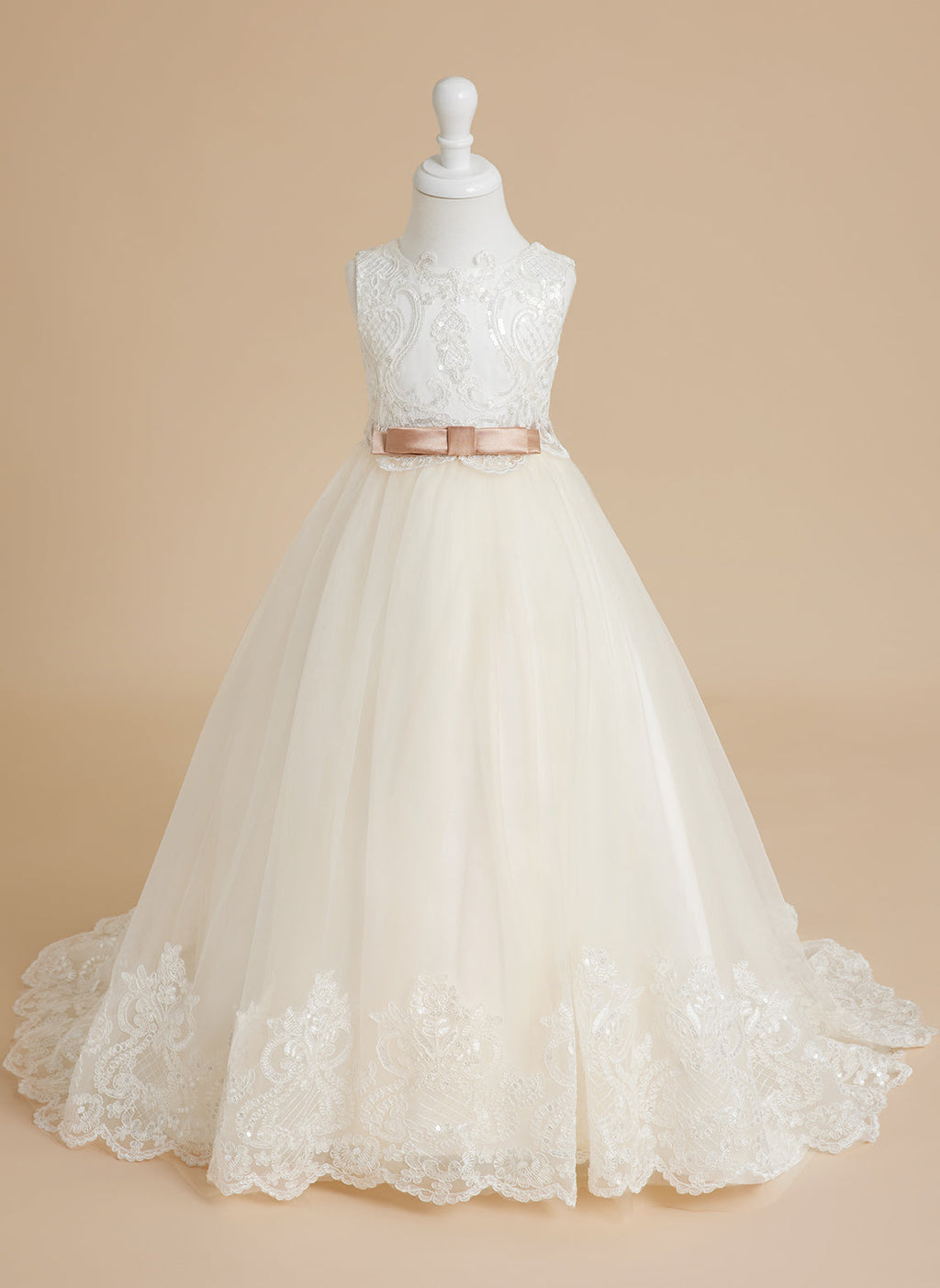 Vestido de fiesta/princesa de tul con cola larga color marfil para niña de las flores