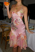 Hübsches rosa Satin-Print Floral Midi-Ballkleid Sexy Abendkleid Y8418