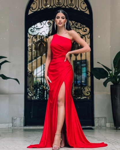 Rotes, schlichtes Meerjungfrau-Ballkleid mit Schlitz, rotes Abendkleid Y5714