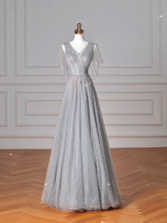 Vestido de fiesta de tul gris brillante con lentejuelas, corte A, sexy, escote en V, Y8638