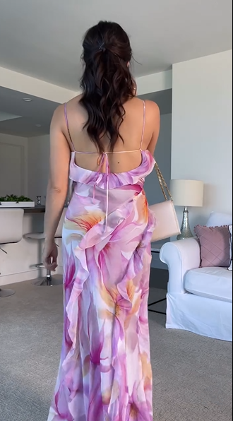 Hermoso vestido de fiesta largo con volantes, estampado floral, espalda baja, abertura y abertura, vestido de noche Y8099