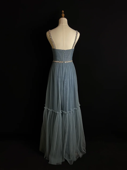 Schlichtes blaues Abendkleid aus Tüll mit Perlen in A-Linie, Spaghettiträgern und V-Ausschnitt, Y8649