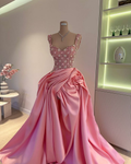 Vestido de fiesta largo de satén con plisado, corte A, con cuentas rosas, vestido de noche Y8518