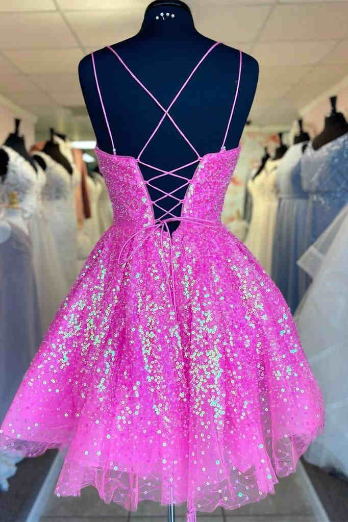 Lindo vestido de fiesta de lentejuelas rosa intenso, corte A, Y1641
