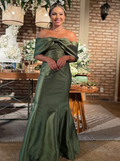 Vestido de noche estilo sirena vintage con hombros descubiertos y lazo verde, vestido formal de satén para graduación Y8269