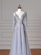 Vestido de fiesta elegante de tul azul con escote en V, lentejuelas y cuentas, corte A, sin espalda, Y8644