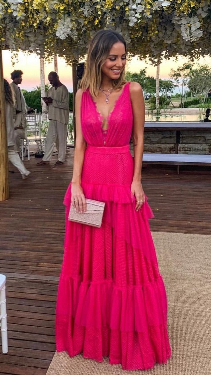 Elegante vestido de noche rosa intenso, corte A, vestido formal rosa intenso Y5337