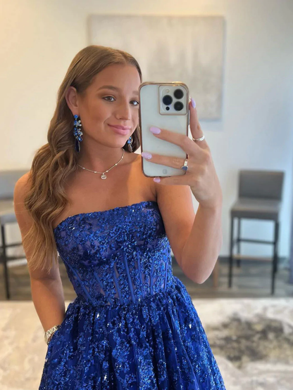 Vestido de fiesta largo de tul azul con lentejuelas en forma de A, vestido de noche de tul azul Y359