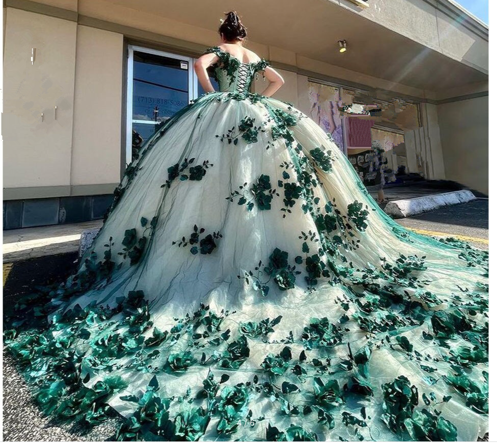 Vestido de quinceañera verde con hombros descubiertos, flores 3D, cuentas y apliques, para fiesta de quinceañera, graduación, Y292