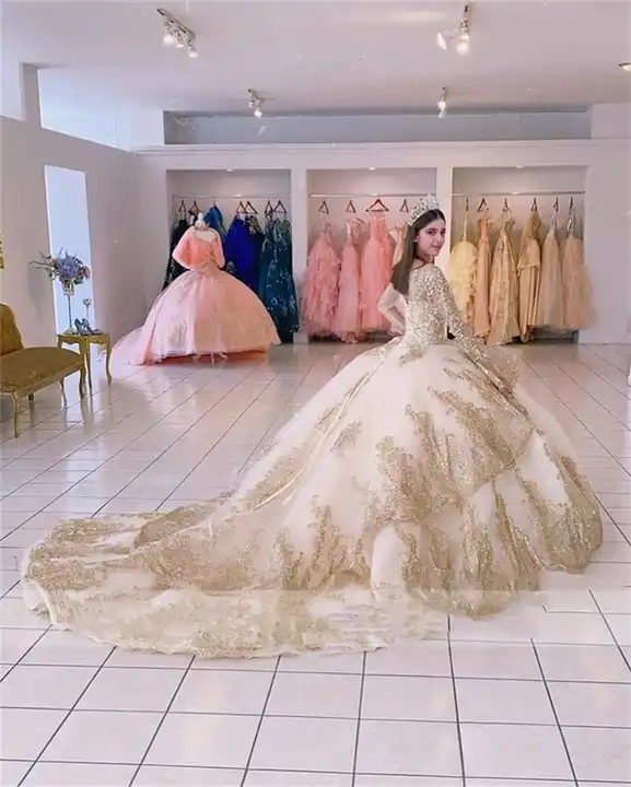 Vestidos de quinceañera con volantes color champán, apliques de lentejuelas y cuentas, manga larga, vestido formal de princesa para fiesta de graduación Y4952