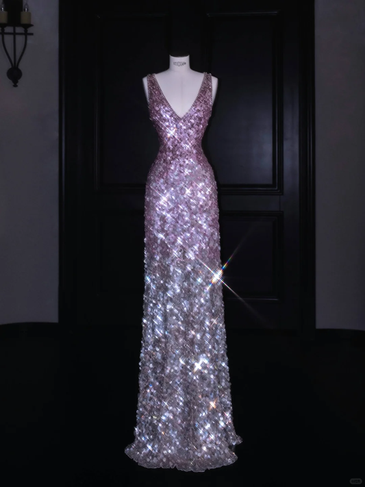 Hermoso vestido de noche largo con lentejuelas y escote en V en color rosa Y8688