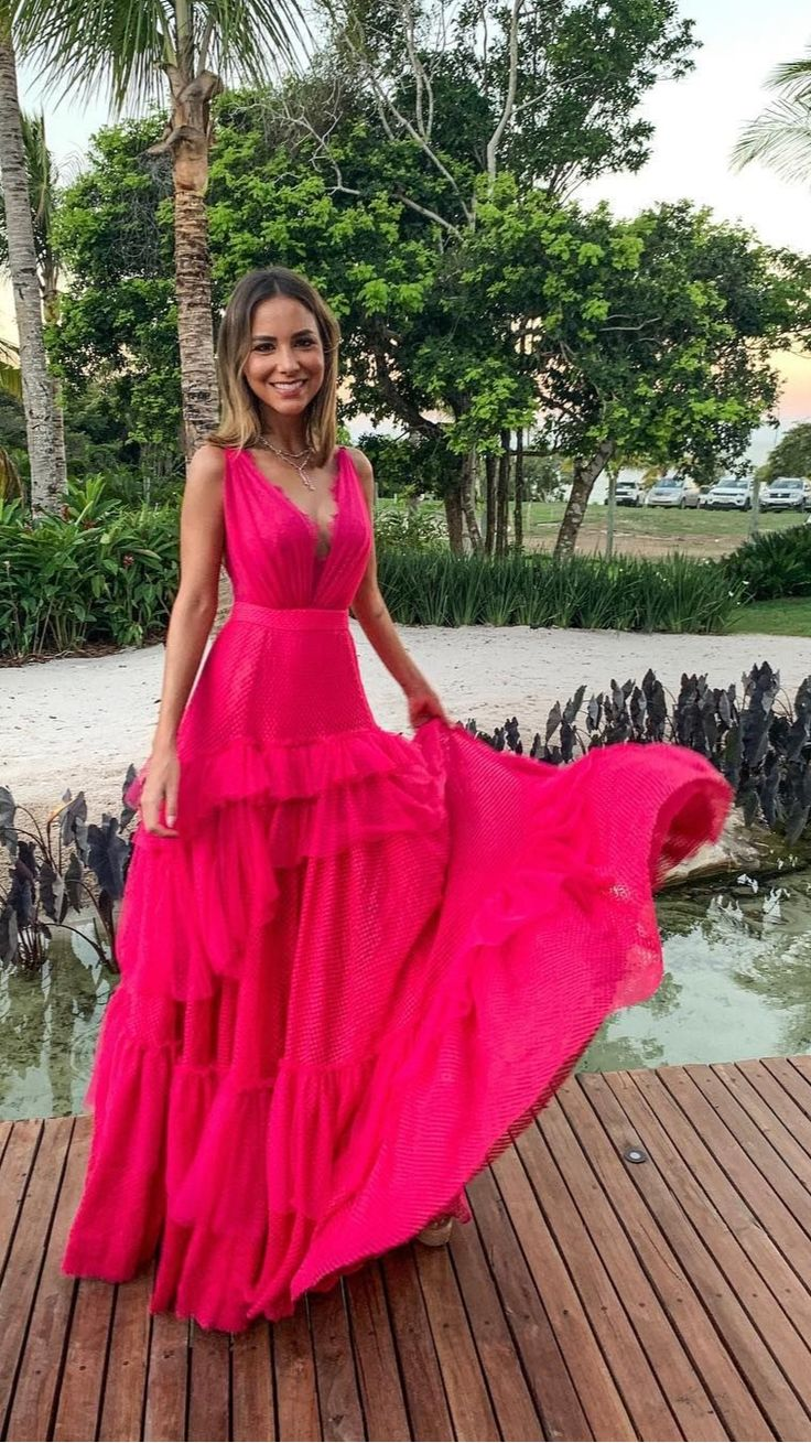Elegante vestido de noche rosa intenso, corte A, vestido formal rosa intenso Y5337