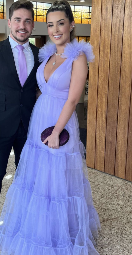 Lila A-Linie V-Ausschnitt Tüll Ballkleid, Lila Abendkleid Y2884