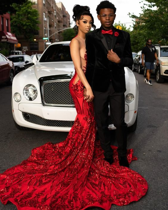 Rotes funkelndes Meerjungfrau-Pailletten-Spitzen-Ballkleid Y5047