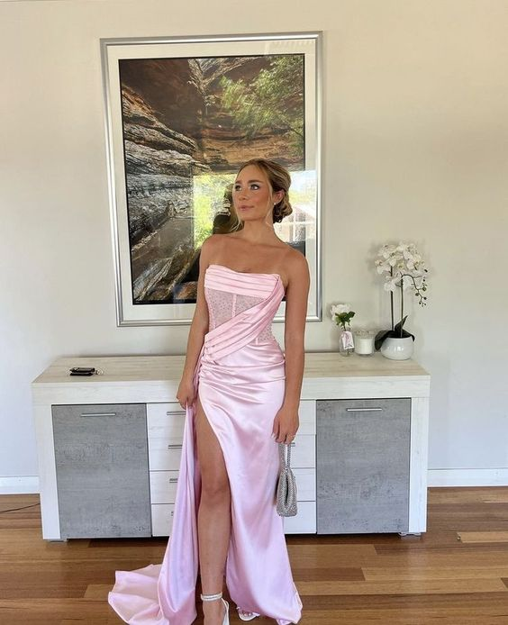 Elegante vestido de fiesta rosa sin tirantes, glamuroso vestido de noche rosa con abertura, vestido de desfile Y1986