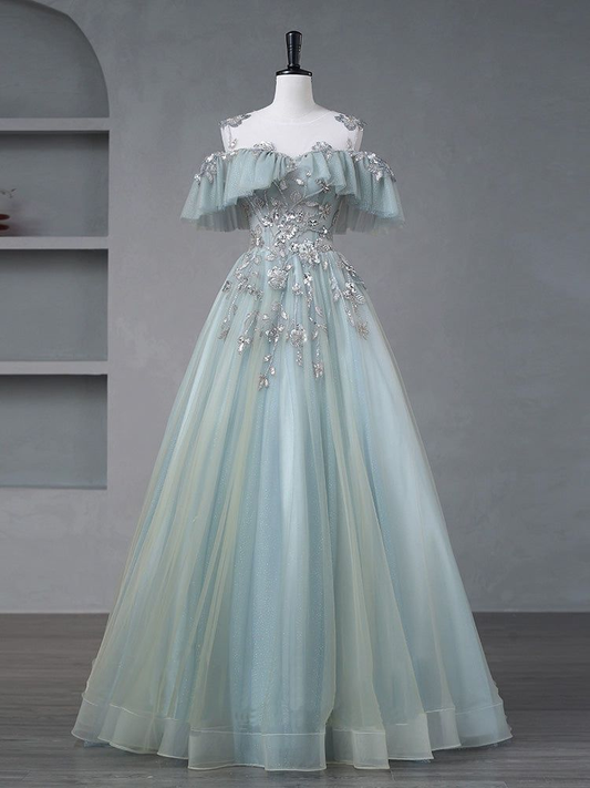 Elegante vestido de noche con apliques de tul azul, corte A, hombros descubiertos, vestido de fiesta Y8372