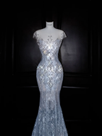 Wunderschönes Meerjungfrau Abendkleid mit Pailletten und Perlen in Blau, Tüll, Ballkleid Y8690