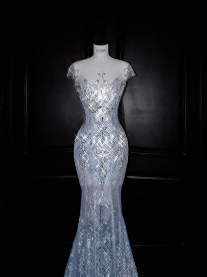 Hermoso vestido de noche de sirena con lentejuelas y cuentas de tul azul Y8690