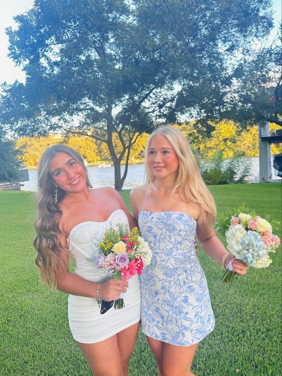 Strapless Blue Floral Mini Homecoming Dress Summer Dress Y2646