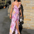 Hermoso vestido de fiesta largo con volantes, estampado floral, espalda baja, abertura y abertura, vestido de noche Y8099