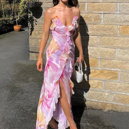 Hermoso vestido de fiesta largo con volantes, estampado floral, espalda baja, abertura y abertura, vestido de noche Y8099
