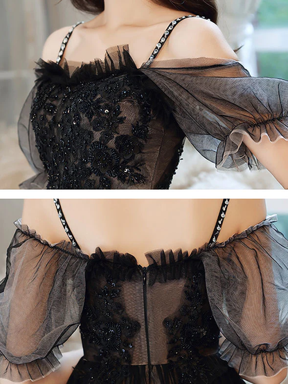Vestido de fiesta de tul con escote corazón y encaje, corte asimétrico, color negro, para regreso a casa Y5689