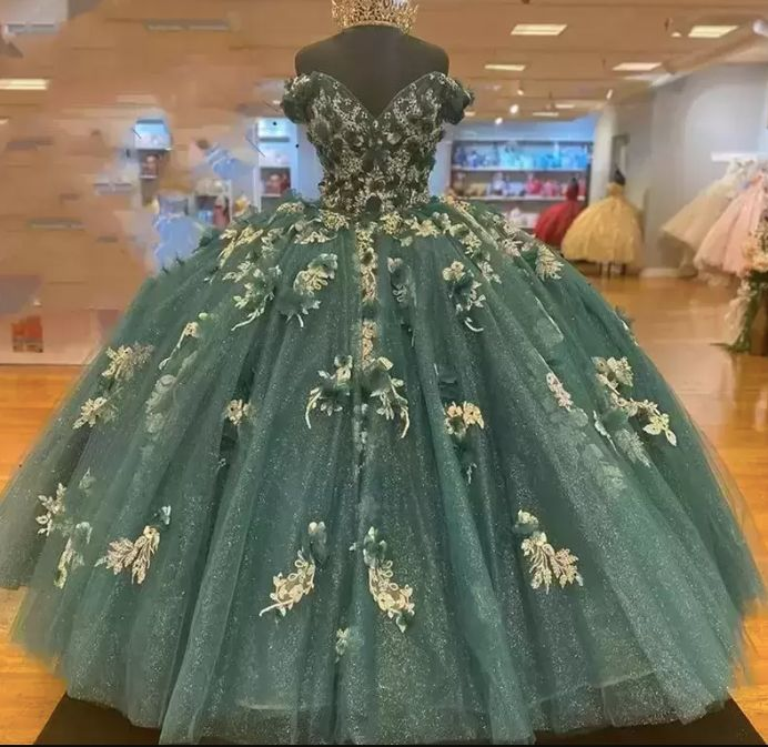 Vestidos de quinceañera verde oscuro con hombros descubiertos, estilo princesa, con flores, Y4432