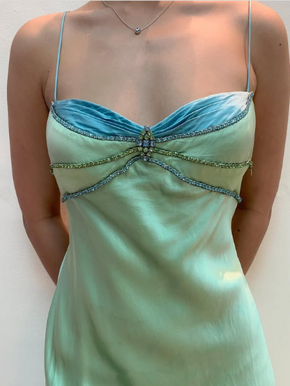 Sexy Spaghettiträger Grün Satin Perlenbesetztes Ball-/Abendkleid Y7757