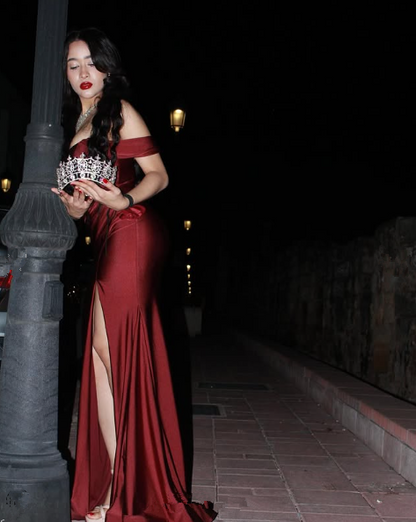 Elegante vestido de noche estilo sirena color burdeos con aberturas laterales, vestido formal de fiesta Y8414