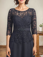 Vestido de gasa con encaje y escote en A, ilusión, largo hasta los tobillos, para madre de la novia con cuentas de diamantes de imitación