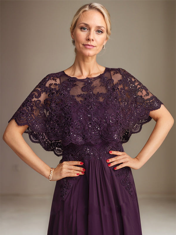 Vestido de madre de la novia de gasa con encaje, escote barco, largo hasta el suelo, con apliques de lentejuelas