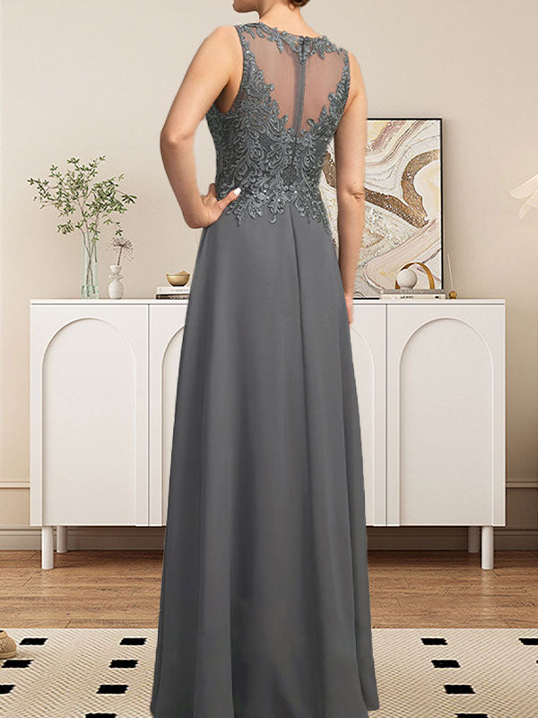 Vestido de gasa con encaje y lentejuelas para madre de la novia, corte A, escote ilusión, largo hasta el suelo