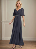 Vestido de gasa para madre de la novia con escote en V, largo hasta los tobillos, corte A y lentejuelas plisadas con cuentas