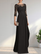Vestido de gasa para madre de la novia con encaje, corte A, escote redondo, ilusión, largo hasta el suelo, con lentejuelas y abalorios y volantes en cascada