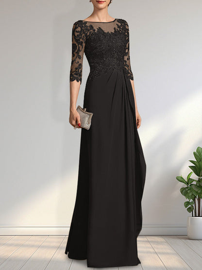 Vestido de gasa para madre de la novia con encaje, corte A, escote redondo, ilusión, largo hasta el suelo, con lentejuelas y abalorios y volantes en cascada