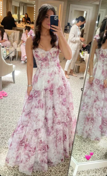 Hübsches Chiffon-Rosendruck-A-Linien-Ballkleid Abendkleid Y8498