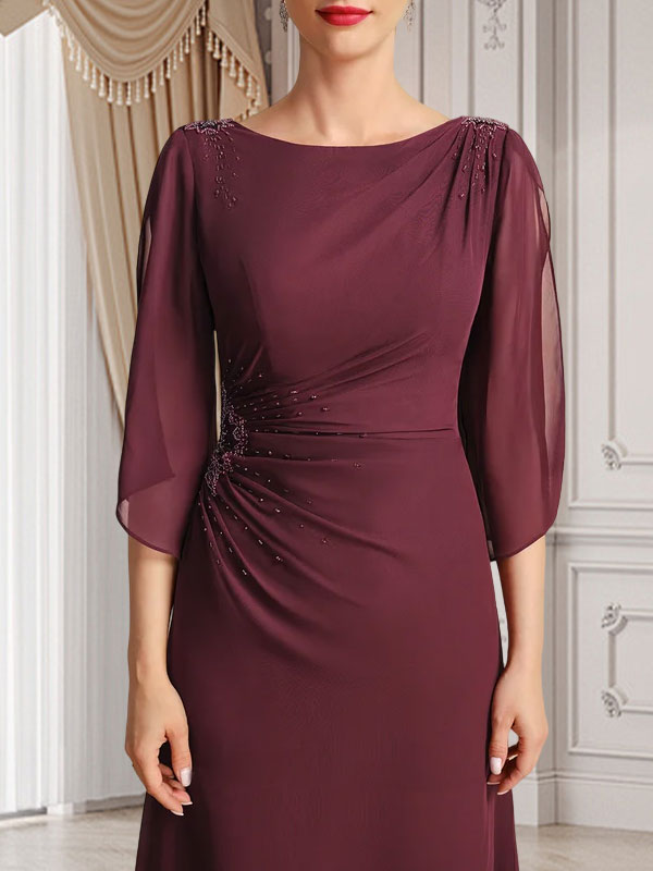 Vestido de gasa para madre de la novia con corte tubo/columna, escote redondo y largo hasta el suelo, con cuentas plisadas