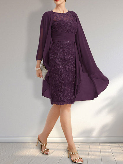 Vestido de madre de la novia de gasa con encaje, escote redondo, ilusión, largo hasta la rodilla, con volantes en cascada y lentejuelas