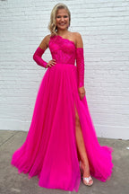 Madilyn | A-Linien-Ballkleid mit One-Shoulder-Träger, Spitze und Tüll mit Schlitz