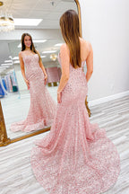 Nori | Vestido de fiesta largo con tirantes finos y lentejuelas rosas estilo sirena