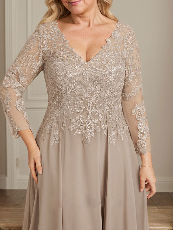 A-Linie V-Ausschnitt Bodenlanges Spitzen-Chiffon-Kleid für die Brautmutter mit Pailletten 