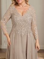 A-Linie V-Ausschnitt Bodenlanges Spitzen-Chiffon-Kleid für die Brautmutter mit Pailletten 